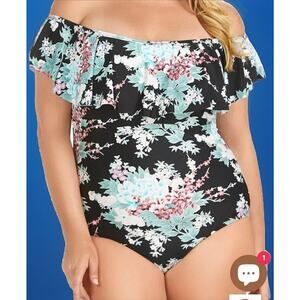 Raisins Curve Trendy Plus Size Tortuga One-Piece Black Floral Size 16w